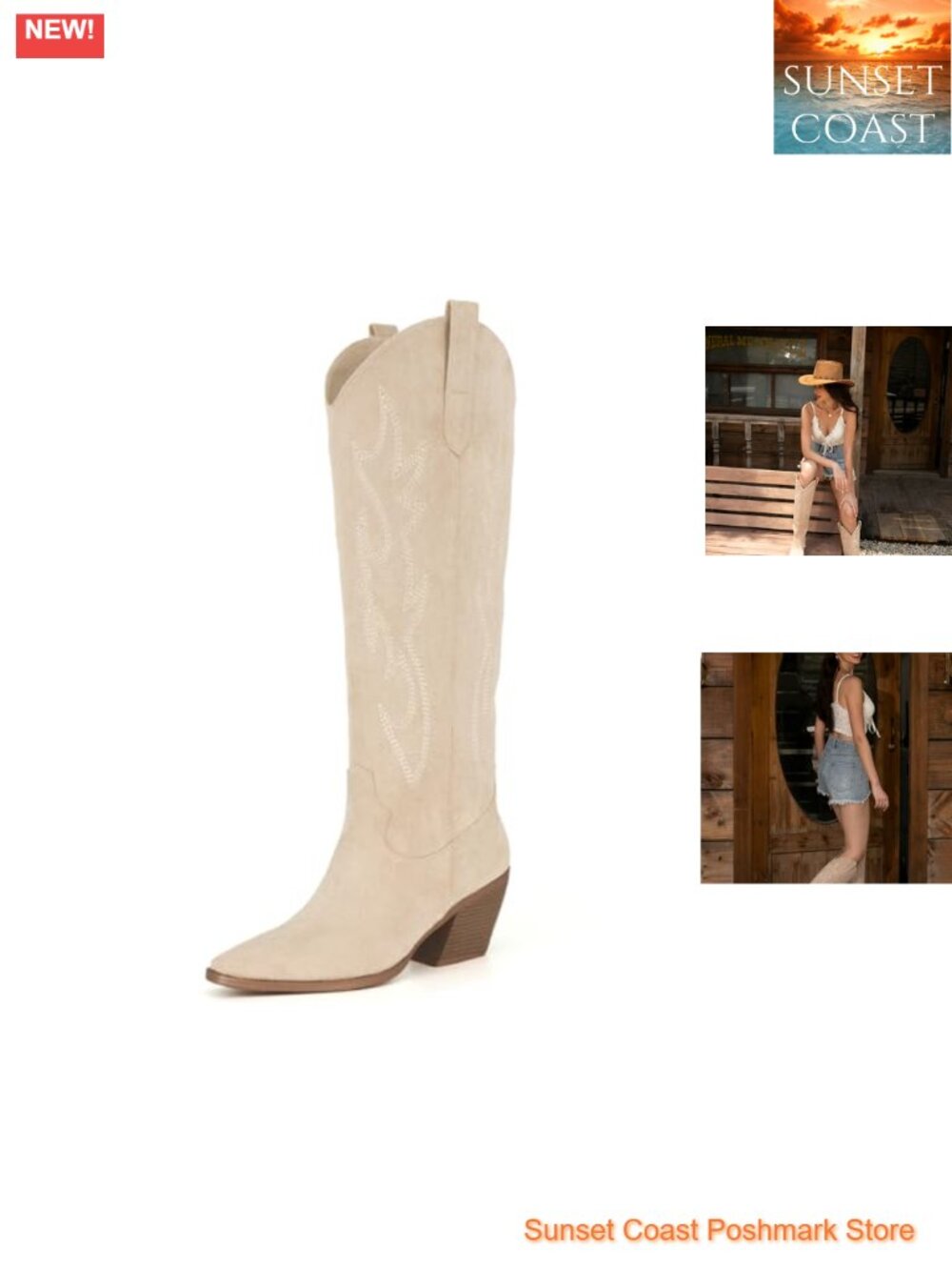 Faux Suede Knee High Cowboy Boots Pointed Toe Block Heel Embroidered Western